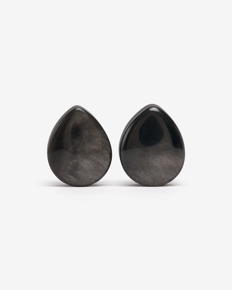 Silver Obsidian Teardrop Plugs Stretched Ear Jewelry Plug Earrings