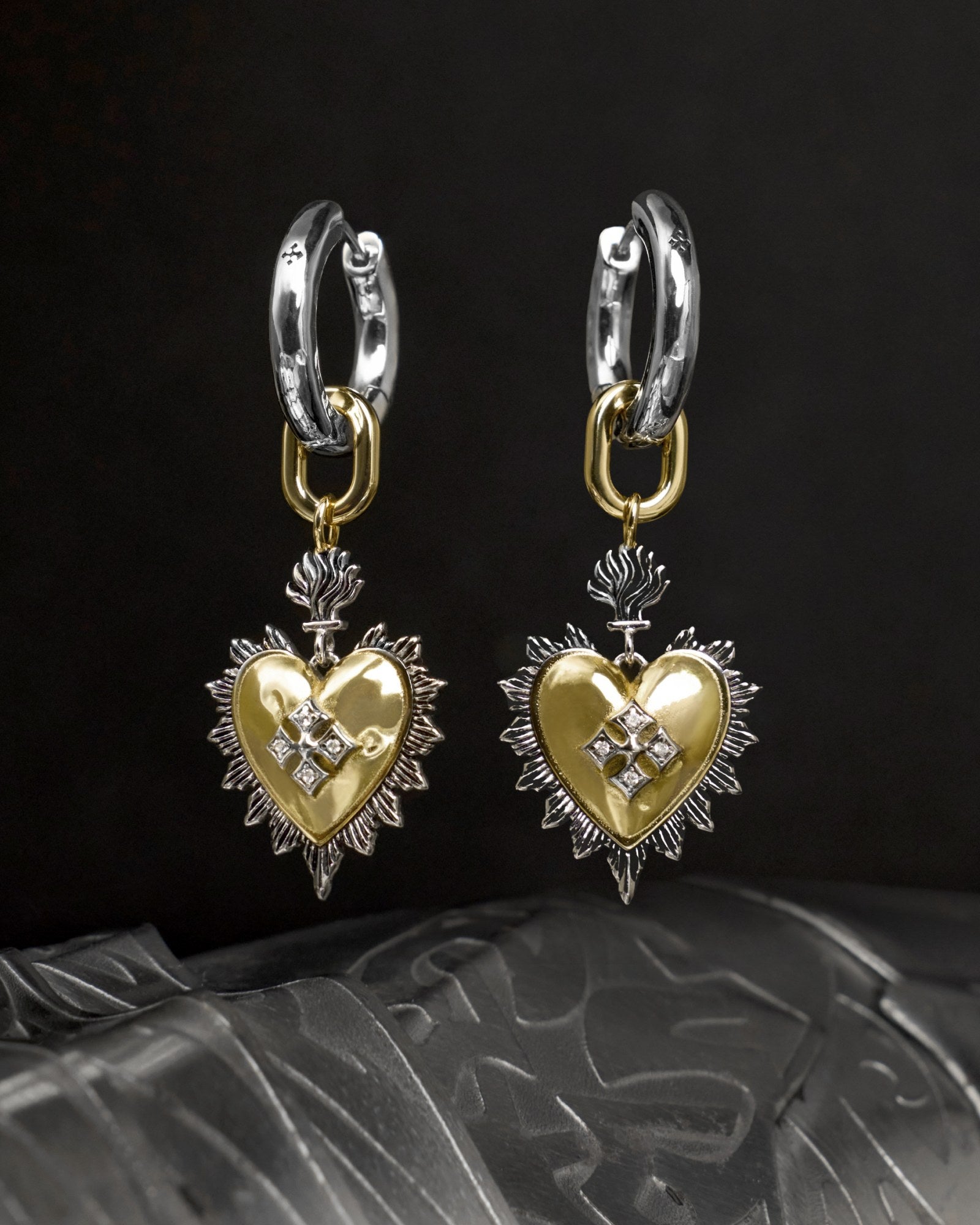 Bejewelled Sacred Heart Earrings-Ear Dangles- Two-toned (Silver Base) - - Ask & Embla