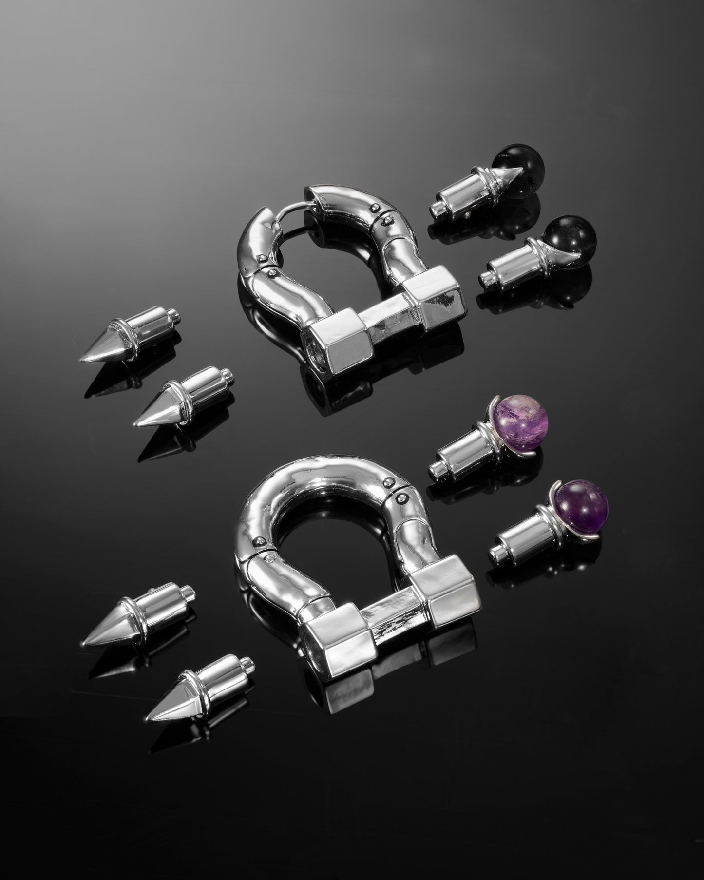 Aenigma Earrings-Ear Hoops- Silver - Metal Spikes and Amethyst Orbs - Ask & Embla